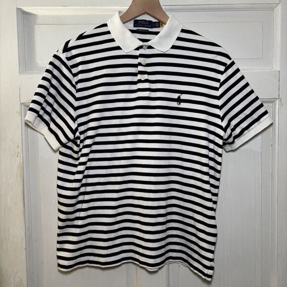 Polo Ralph Lauren Custom Slim Fit Mens Large White Blue Stripe Short Sleeve Polo - Picture 4 of 6